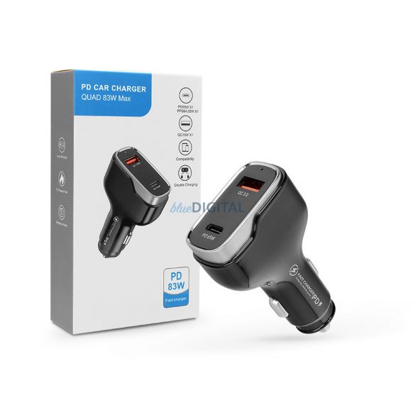 Adaptor de încărcare pentru brichetă quad cu intrare USB + Type-C - 83W - Încărcător mașină quad CC53-1A1C PD 65W + QC 3.0 - negru