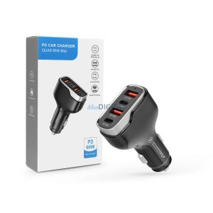 Adaptor de încărcare pentru brichetă cvadră cu 2xUSB + 2xintrare de tip C - 66W - Încărcător de mașină Quad CC53-2A2C PD 66W + QC 3.0 - negru