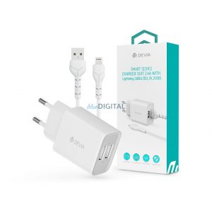 Adaptor încărcător de rețea Devia Smart 2xUSB + USB - Cablu USB Lightning cu cablu de 1 m - 12W - Costum încărcător Devia Smart Series cu cablu Lightning - alb