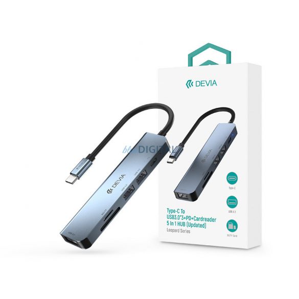 Devia USB Type-C - 3xUSB 3.0 + PD + hub/adaptor pentru cititor de carduri - Hub Devia Leopard5in1 (Actualizat) - gri