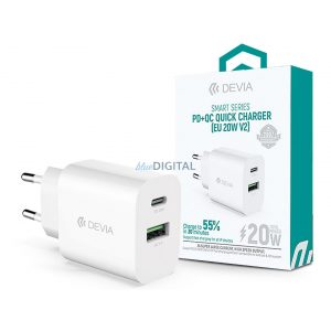 Adaptor pentru încărcător Devia cu intrare Type-C + USB - 20W - Devia Smart Series PD3.0 + QC3.0 Quick Charger V2 - alb