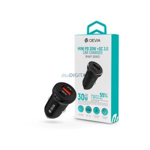 Adaptor de încărcare pentru brichetă Devia cu intrare USB + Type-C - 30W - Devia Smart Series Mini PD 30W + QC 3.0 Car Charge - negru