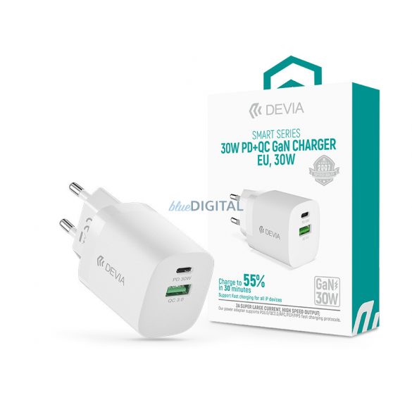 Adaptor pentru încărcător Devia GaN cu intrare USB + Type-C - 30W - Încărcător rapid Devia Smart Series GaN PD + QC - alb