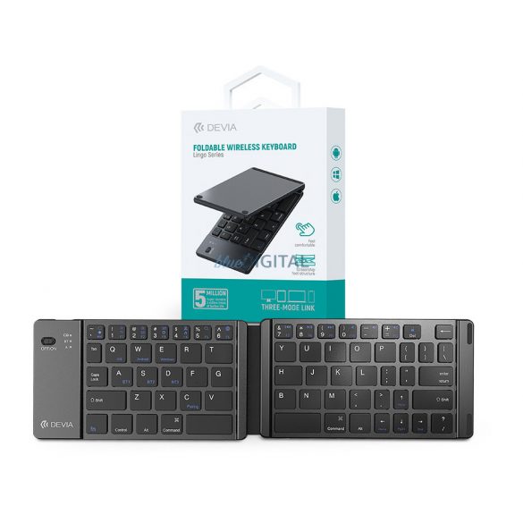 Tastatură Bluetooth fără fir pliabilă Devia cu aspect în limba engleză - Tastatură fără fir pliabilă seria Devia Lingo - neagră