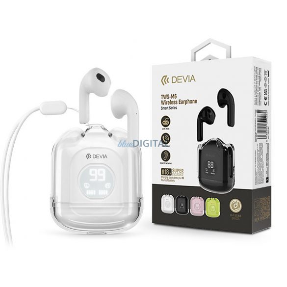 Căști stereo Bluetooth Devia TWS v5.3 + carcasă de încărcare - Căști wireless Devia TWS-M6 cu husă de încărcare - alb