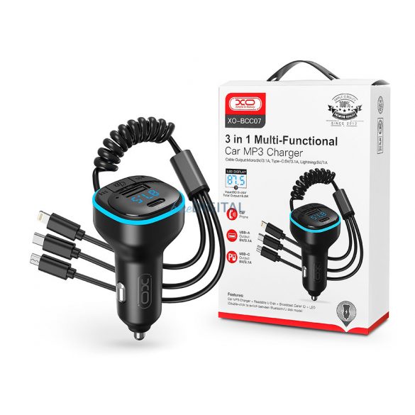 Transmițător FM Bluetooth / încărcător brichetă XO - USB + Type-C + MP3/FLAC/APE +Pendrive/Cititor de carduri TF - Încărcător auto XO BCC07 3in1 - negru