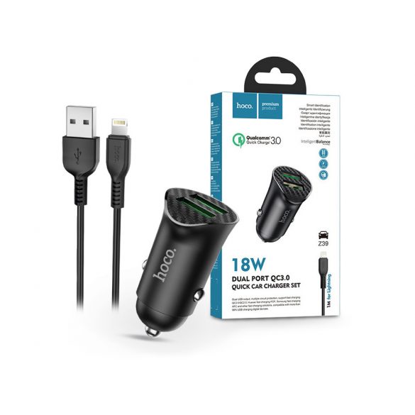 HOCO 2xUSB adaptor încărcător brichetă + USB - Cablu Lightning cu cablu de 1 m - Set încărcător auto rapid QC3.0 HOCO Z39 Dual Port - 18W - negru