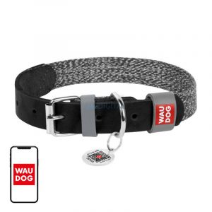 Zgardă pentru câini din piele naturală și material reciclat cu cod QR Waudog mărimea M, lățime 20 mm, negru