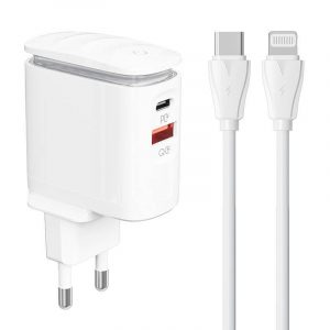 Încărcător de rețea LDNIO A2423C cu conector 1xUSB-A și 1xUSB-C și cablu tip C-Lightning max. 25W alb