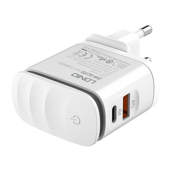 Încărcător de rețea LDNIO A2423C cu conector 1xUSB-A și 1xUSB-C și cablu tip C-Lightning max. 25W alb