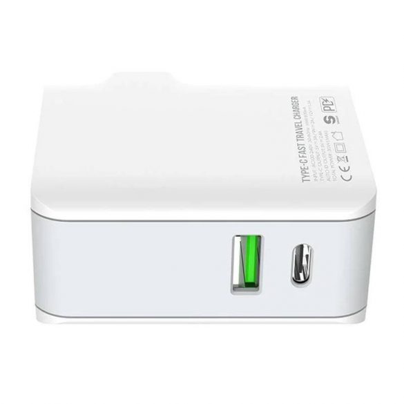 Încărcător de rețea LDNIO A4403C cu conector 1xUSB-A și 1xUSB-C și cablu tip C-Lightning max. 20W alb