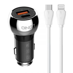 Încărcător auto LDNIO C1 cu conector 1xUSB-A și 1xUSB-C și cablu tip C - Lightning