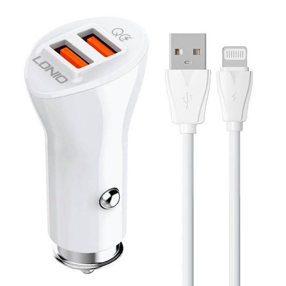 Încărcător auto LDNIO C511Q cu conectori 2xUSB-A și cablu USB-A - Lightning