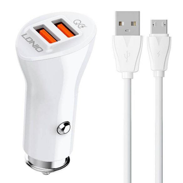 Încărcător auto LDNIO C511Q cu conectori 2xUSB-A și cablu USB-A - microUSB