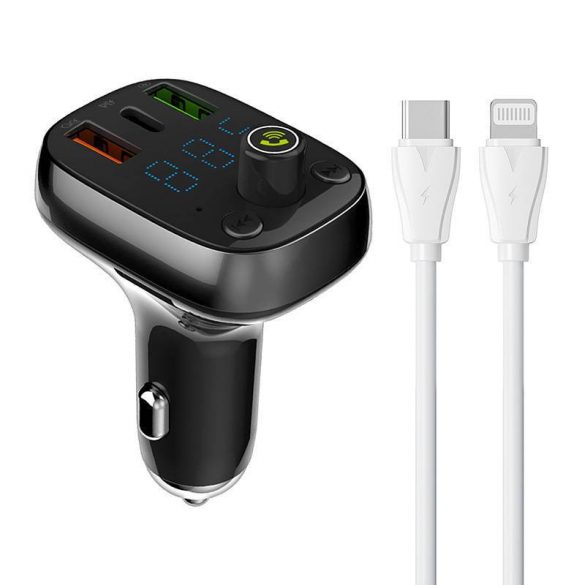 Încărcător auto LDNIO C704Q și transmițător FM cu conector 1xUSB-A și 1xUSB-C și cablu tip C - Lightning