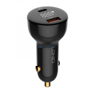 Încărcător auto LDNIO C101 cu conector 1xUSB-A și 1xUSB-C și cablu tip C - Lightning