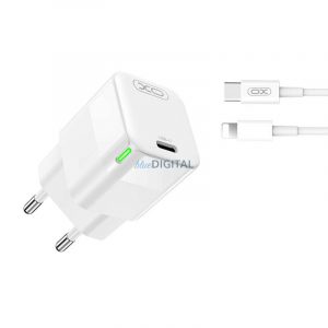 XO CE06 Încărcător AC cu 1x conexiune USB-C și cablu Lightning 30W - alb