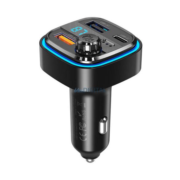 Încărcător auto Xo BCC08 și transmițător FM cu conectori 2xUSB-A și 1xUSB-C (negru)