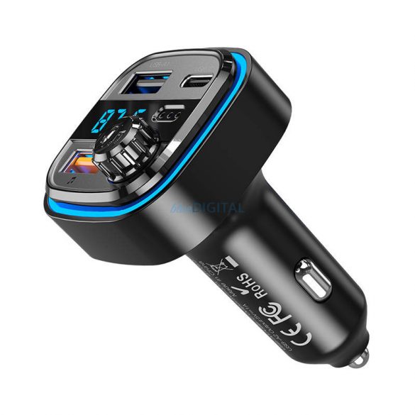 Încărcător auto Xo BCC08 și transmițător FM cu conectori 2xUSB-A și 1xUSB-C (negru)