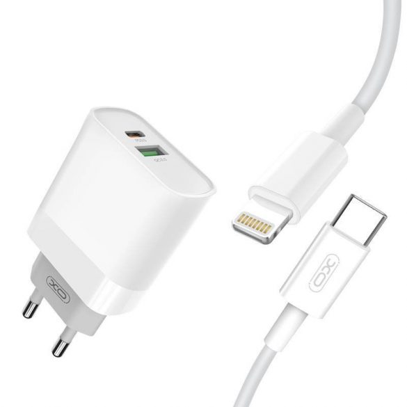 Încărcător de rețea Xo L64 cu conector 1xUSB-A și 1xUSB-C și cablu tip C - Lightning 20W (alb)