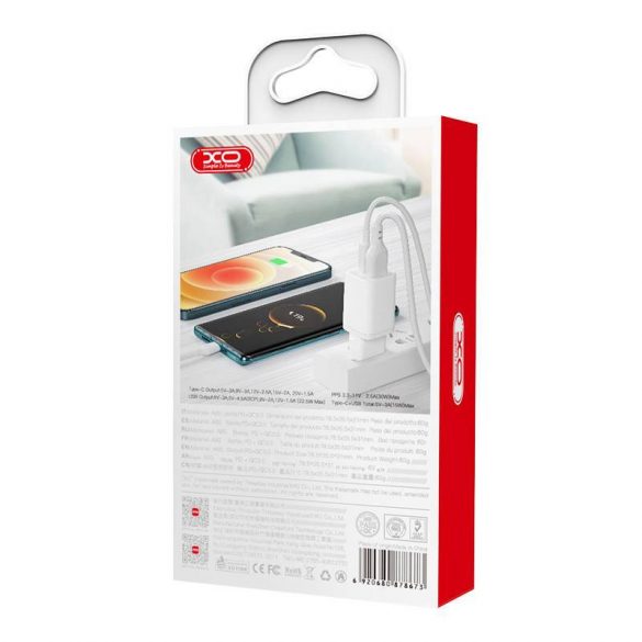 Încărcător de rețea Xo HN238A cu 1xUSB-A și 1xUSB-C conector 30W (alb)