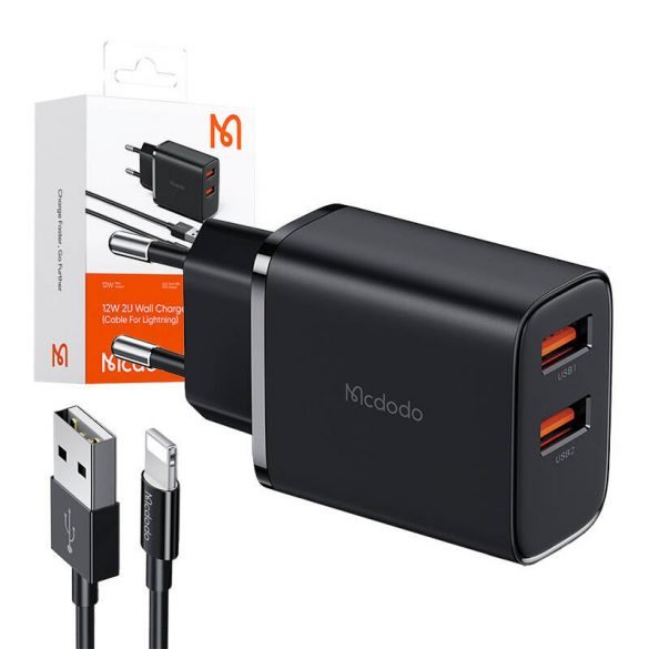 Mcdodo CH-5071 USB-A*2, încărcător de rețea de 12 W + cablu USB-A la Lightning (negru)