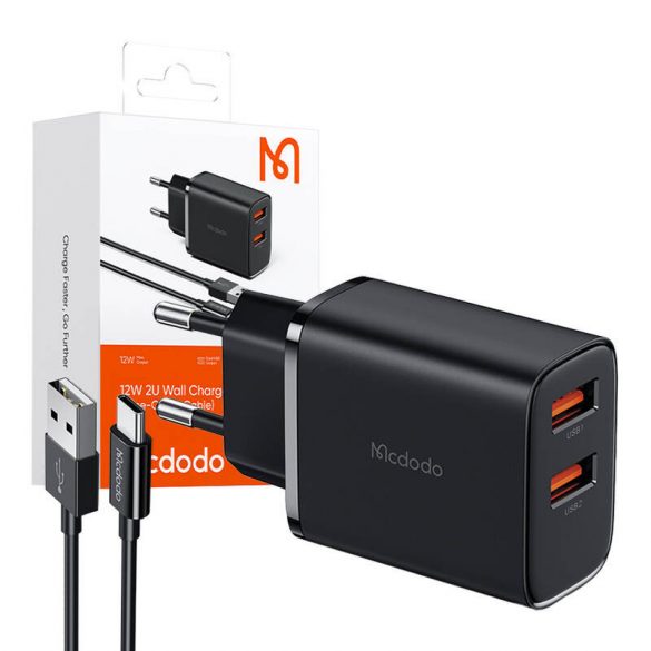 Mcdodo CH-5072 USB-A*2, încărcător de putere 12W + cablu USB-A la USB-C (negru)