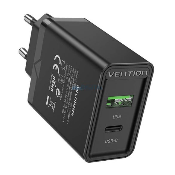 Încărcător de perete EU USB-A(18W), USB-C(20W) Vention FBBB0-EU, 2.4A, PD3.0 (negru)