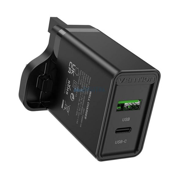 Încărcător de perete USB (A+C) Vention FBBB0-UK (18W/20W) UK Negru