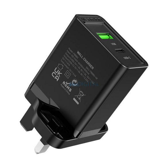 Încărcător de perete USB (A+C) Vention FBBB0-UK (18W/20W) UK Negru