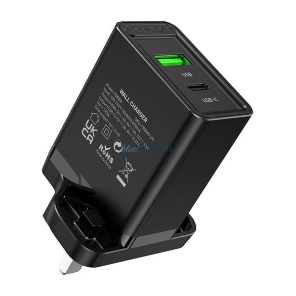 Încărcător de perete USB (A+C) Vention FBBB0-UK (18W/20W) UK Negru