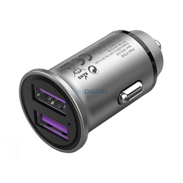 Încărcător auto cu două porturi Vention FFEH0 USB A+A (30/30) gri