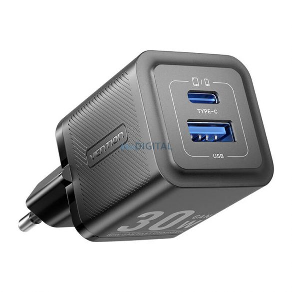 Încărcător de rețea Vention FEQB0-EU cu 1xUSB-A și 1xUSB-C conexiune 30W GaN - negru