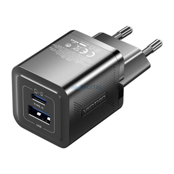 Încărcător de rețea Vention FEQB0-EU cu 1xUSB-A și 1xUSB-C conexiune 30W GaN - negru