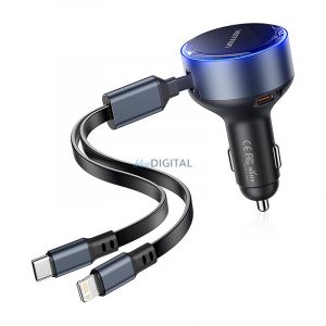 Vention FFOB0 încărcător auto cu 1x conexiune USB-C și cabluri fixe Type-C și Lightning 30W - negru