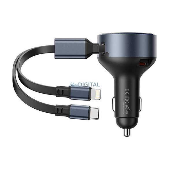 Vention FFOB0 încărcător auto cu 1x conexiune USB-C și cabluri fixe Type-C și Lightning 30W - negru