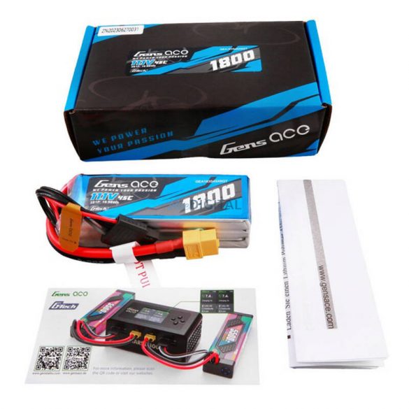 Gens Ace G-Tech 1800mAh 11.1V 45C 3S1P Lipo Battery PackXT60 Plug