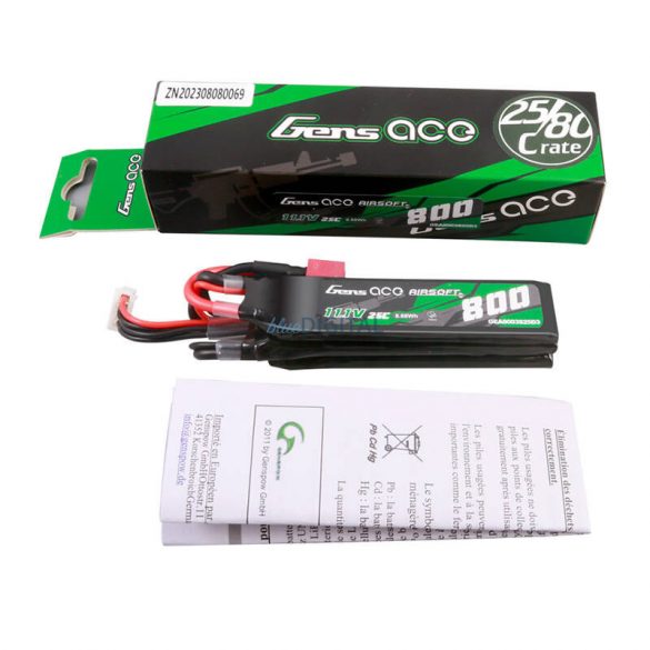 Gens ace 25C 800mAh 3S1P 11.1V NUNCHUCK 3X Airsoft Gun Lipo Baterie Deans(T) Plug