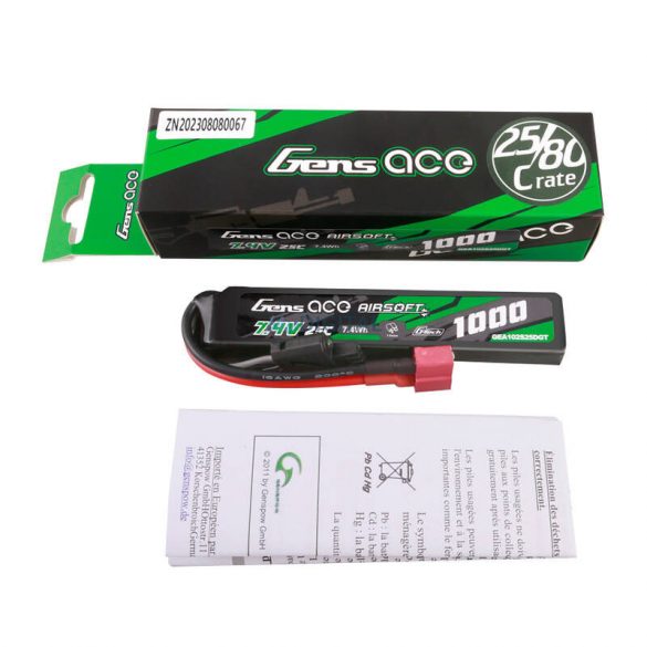 Gens ace G-Tech 25C 1000mAh 2S1P 7.4V Airsoft Gun Lipo baterie T Plug