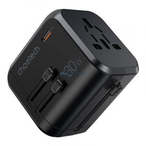 Choetech PD5008, 3xUSB-A, 1xUSB-C, GaN, 30W, SUA/EU/UK/AU (negru), încărcător de perete de călătorie