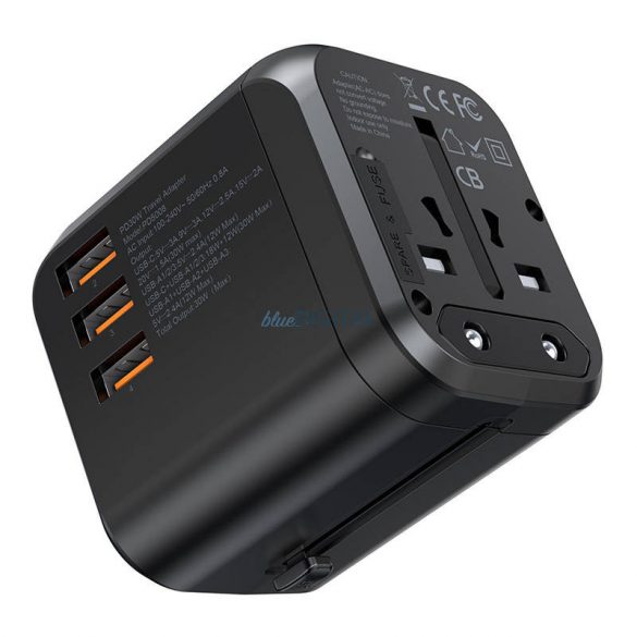 Choetech PD5008, 3xUSB-A, 1xUSB-C, GaN, 30W, SUA/EU/UK/AU (negru), încărcător de perete de călătorie