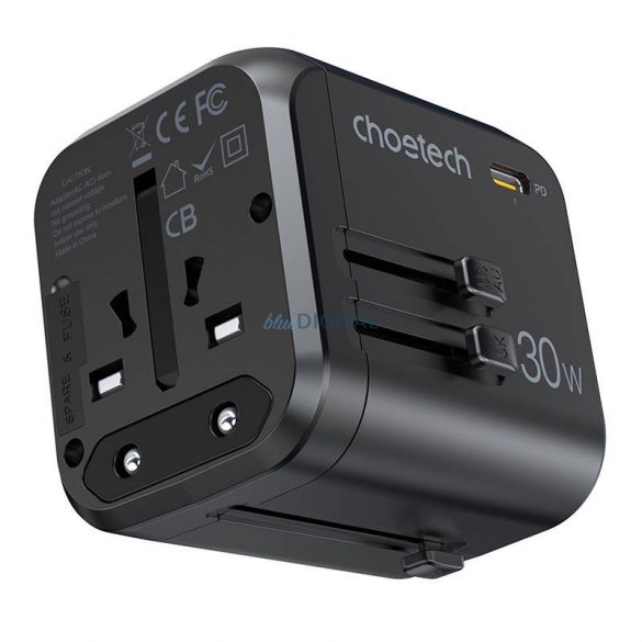 Choetech PD5008, 3xUSB-A, 1xUSB-C, GaN, 30W, SUA/EU/UK/AU (negru), încărcător de perete de călătorie