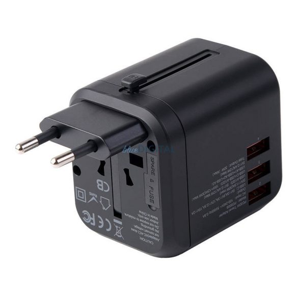 Choetech PD5008, 3xUSB-A, 1xUSB-C, GaN, 30W, SUA/EU/UK/AU (negru), încărcător de perete de călătorie