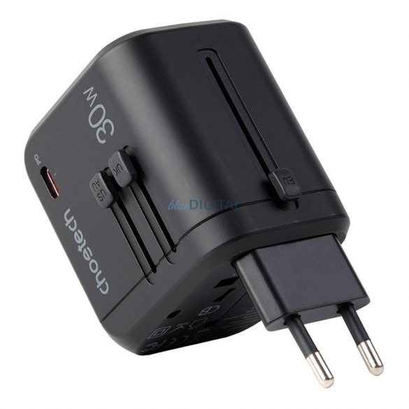 Choetech PD5008, 3xUSB-A, 1xUSB-C, GaN, 30W, SUA/EU/UK/AU (negru), încărcător de perete de călătorie