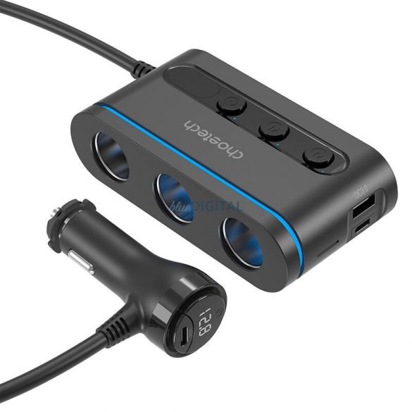 Choetech TC0021 Încărcător auto cu conexiune 1xUSB-A și 2xUSB-C + 3x priză brichetă max.30W PD QC3.0 - negru