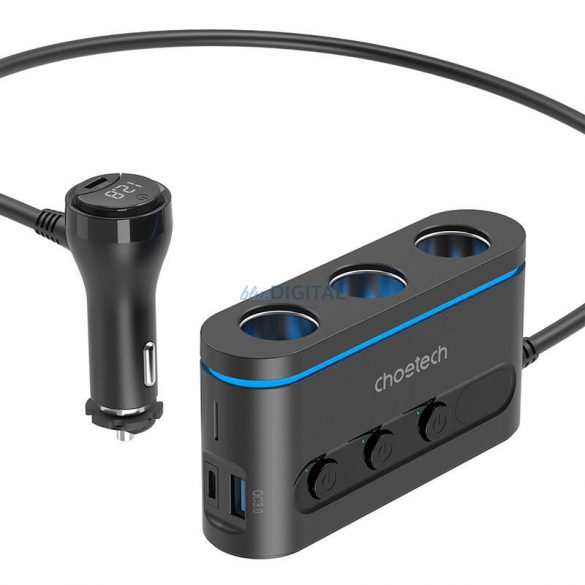 Choetech TC0021 Încărcător auto cu conexiune 1xUSB-A și 2xUSB-C + 3x priză brichetă max.30W PD QC3.0 - negru