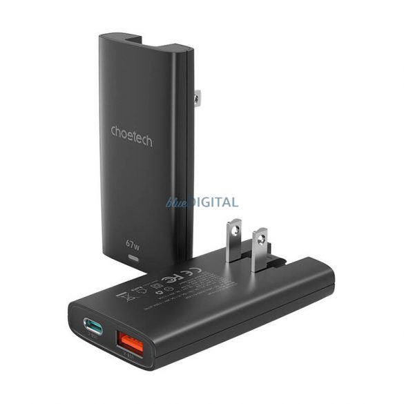 Mini încărcător de perete de călătorie Choetech PD6011 PD65W GaN Slim USB-A+C (negru)