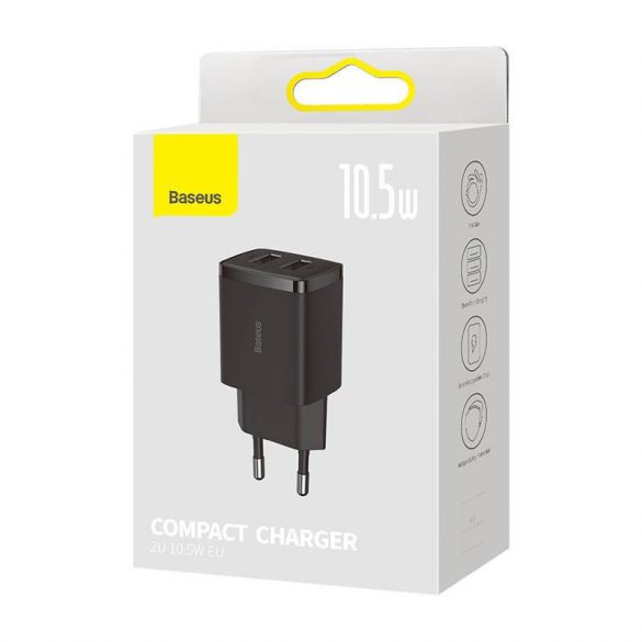 Baseus încărcător rapid compact, 2x USB, 10.5W (negru)