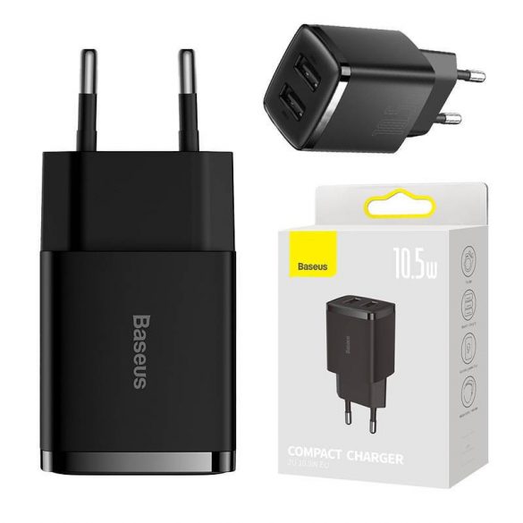 Baseus încărcător rapid compact, 2x USB, 10.5W (negru)