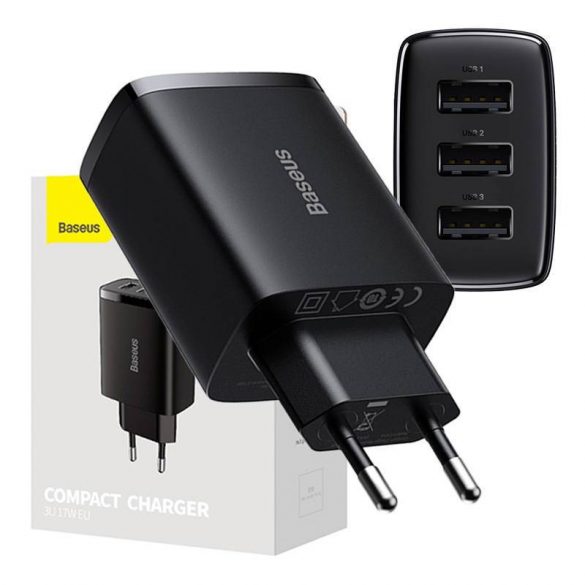 Baseus încărcător compact rapid, 3x USB, 17W (negru)